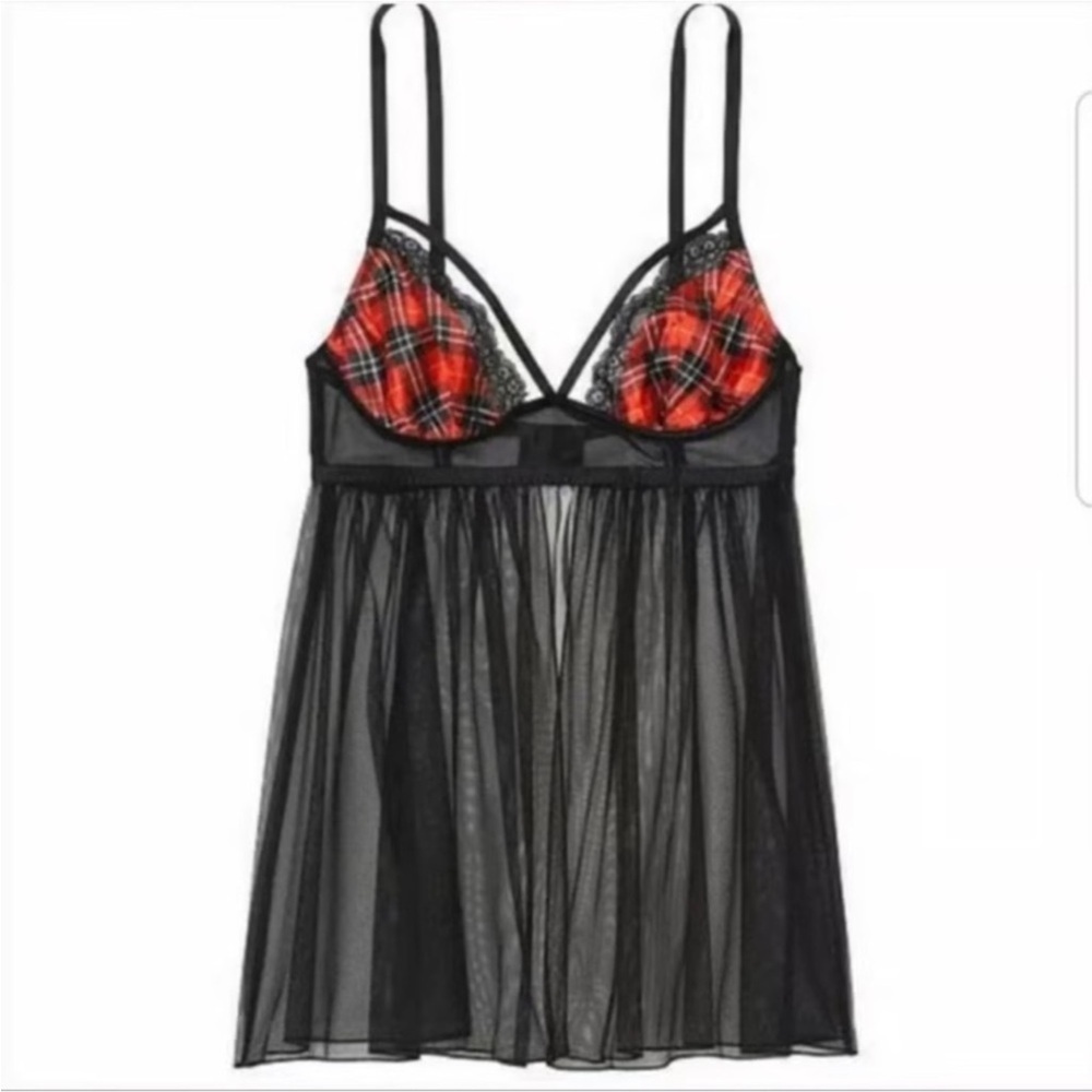 NWT Victoria’s Secret Plaid Tulle Babydoll Lingerie - Picture 2 of 6